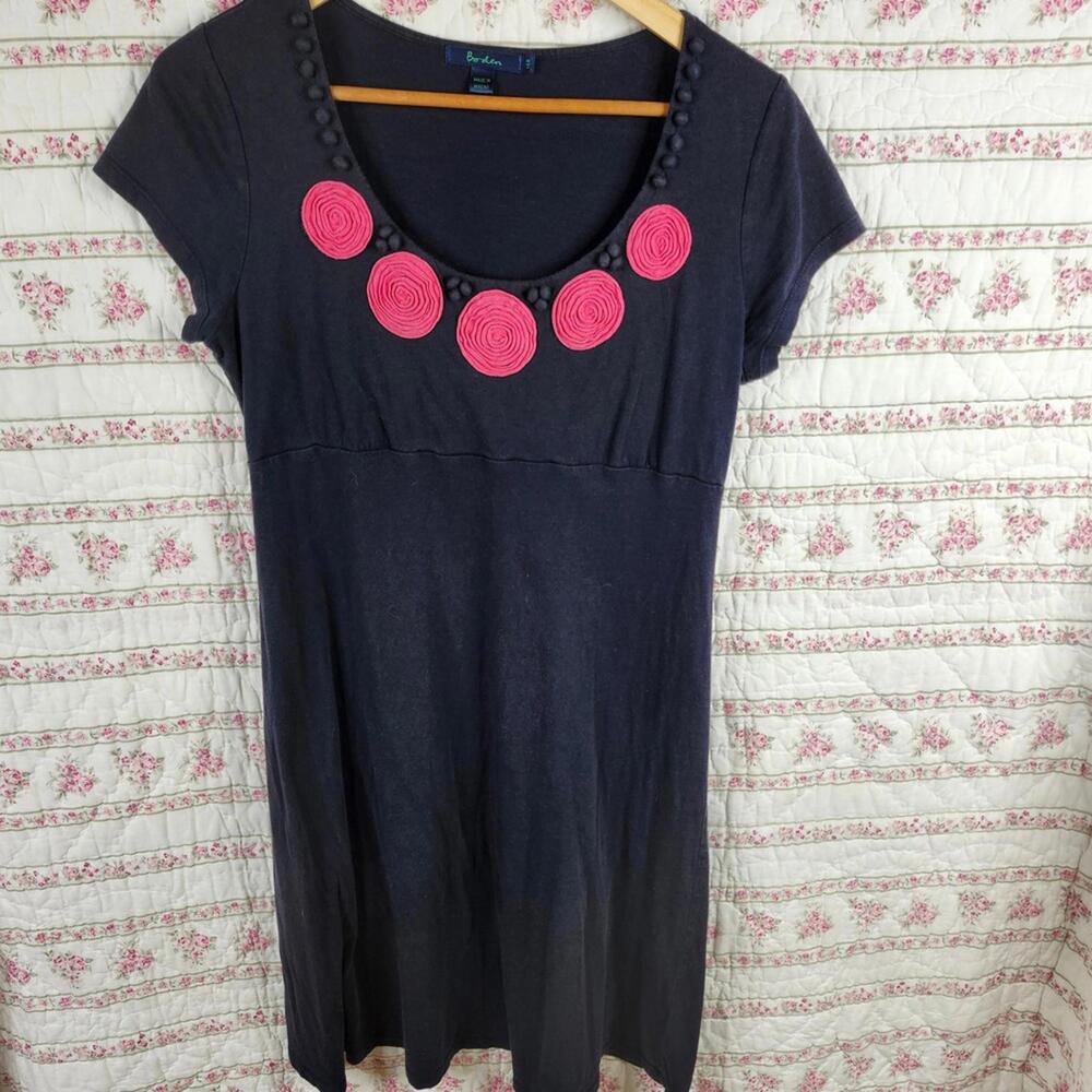 Boden Knit Dress Pink Rosette Detail Short Sleeve Casual Navy Blue 14R